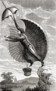 Latający człowiek, ryty według Nicolasa Edme Restifa de la Bretonne, z „Wonderful Balloon Ascents or the Conquest of the Skies”, autorstwa Fulgence Marion, opublikowanej ok. 1870 r. autorstwa French School