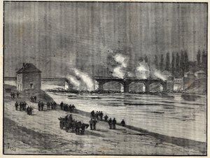 Wojna francusko-pruska - Obrona Paryża - spalenie mostu w Asnieres - Pożar mostu w Asnieres podczas oblężenia (obrony) Paryża Grawerowanie w „” Les combatants de 1870-71”” przez dowódcę Leonce Rousset (1850- 1938) - Wojna francusko-pruska - ( autorstwa French School