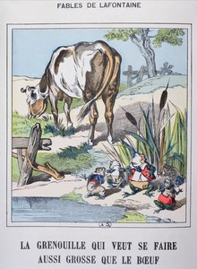 Żaba i wół z „Fables de La Fontaine” (kolorowy grawerunek) autorstwa French School
