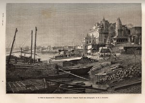 Ghat de Benares (dzisiejszy Vanarasi) (ghat oznaczający stopnie pokrywające brzegi rzek oraz brzegi basenów i zbiorników, które pozwalają schodzić w kontakcie z wodą), wygrawerowany według rysunku G. Moyneta, ilustrujący podróż t autorstwa French School