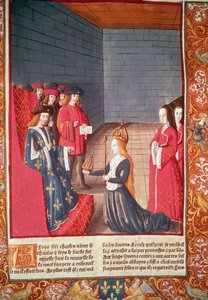 Święta Cesarzowa Rzymska Richilde z Prowansji w Compiegne wręczająca Ludwikowi Jąkającemu koronę i berło, które należały do jego ojca Karola II „Łysego”, z „Chroniques de France”, wydrukowane przez A. Verarda autorstwa French School
