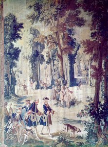 Polowanie Ludwika XV, gobelin, poł. XVIII w. (materiał) autorstwa French School