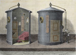 Komora hiperbaryczna Paula Berta (1833-1887) fizjologa i francuskiego polityka. Grawerowanie z 1855 roku. autorstwa French School