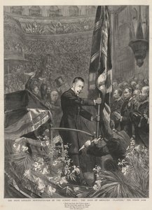 Irlandzka demonstracja lojalistów w Albert Hall w Londynie, 1893: książę Abercorn (James Hamilton) (1811-1885) zasadza Union Jack. autorstwa French School
