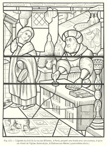 Żyd z Rue des Billettes, Paryż, zbezcześci Hostię przebijając ją nożem, po XIV-wiecznym witrażu w kościele Saint-Alpin, Chalons-sur-Marne, Francja (rycina) autorstwa French School