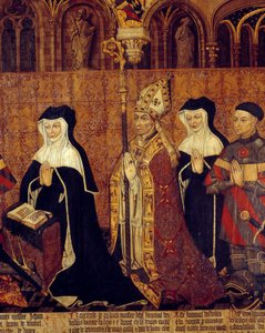 Rodzina Jouvenelów Ursinów Fragment Archeveque (po lewej żona Jeana Juvenala). Malarstwo na drewnie Szkoły Francuskiej. 1443-1449. Słońce 1,3x3,5 m Paryż, Narodowe Muzeum Średniowiecza, Thermes de Cluny autorstwa French School
