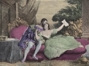 Król Francji Franciszek I (1494-1547) z Dianą de Poitiers (1499-1566) Panią Brezy, księżną Valentinois. Litografia Daveria z 1832 roku w „Laughs Et Galanterie”. Tygodniowy zbiór obrazów Galantes w reżyserii Johna Grand-Cartereta. autorstwa French School
