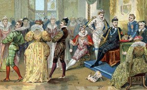 Król Francji Henryk III (1551-1589) otacza swoje ślicznotki. Chromolitografia z końca XIX wieku autorstwa French School