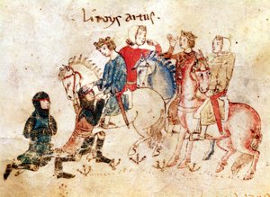 Rycerze Esclabor i Arphasar oferują swoje usługi królowi Arturowi z Roman de Meliadus autorstwa French School