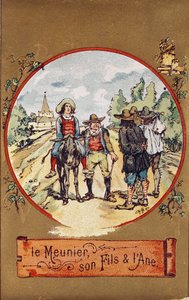 Młynarz, jego syn i osioł, ok.1880 (kolorowa grawerunek) autorstwa French School