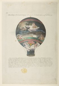 Balon Montgolfier z „chwalebnymi klasycznymi odniesieniami”, Machine Aerostatique de 126 pt de haut sur 100 pt de large (kolorowy grawerunek) autorstwa French School