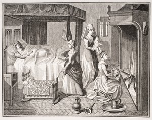 Nowo narodzone dziecko, po miniaturze z XV wieku w „Histoire de la Belle Helaine”, z „Le Moyen Age et La Renaissance” Paula Lacroix (1806–84) opublikowanej w 1847 r. autorstwa French School