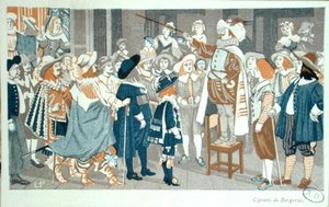 Mowa nosowa w Hotel de Bourgogne, ilustracja z „Cyrano de Bergerac” Edmonda Rostanda (1868-1918) c.1905 (kolor lito) autorstwa French School