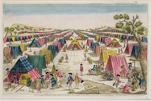 Obóz armii pruskiej, zaczerpnięty z życia na polach na Pomorzu, rytowany przez Vale, ok. 1750 (rycina ręcznie kolorowana) autorstwa French School