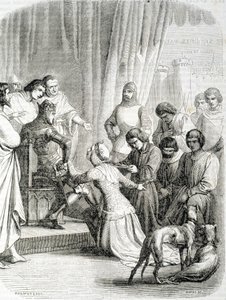 Królowa Anglii (Philippa de Hainaut) prosi dzięki mężowi Edwardowi III o mieszkańców Calais (odcinek 6 mieszczan Calais) autorstwa French School