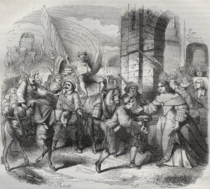 Powrót Gonesse, odcinek Frondy: „Pani Paryża” wita „Pani z Aubervilliers” i „Nourisier Gonesse”, które przybyły, by ją zaopatrzyć. Grawer frondeuse 1649 - grawer w „Paris a travers les siecles” H. Gourdona de Genouillac autorstwa French School