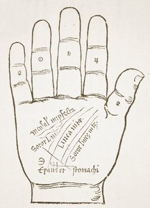 Prawa ręka, linie główne, kopia ilustracji z Chiromancji autorstwa Ioannesa ab Indagine, 1531, wykorzystana w Historii magii, opublikowanej pod koniec XIX wieku autorstwa French School