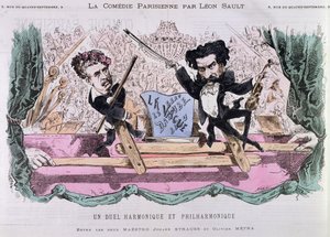 Konkurencyjni kompozytorzy walców, Johann Strauss Młodszy (1825-99) i Olivier Metra (1830-89), c.1870 autorstwa French School
