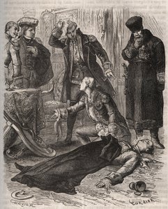 Cesarz rosyjski Piotr III (1728-1762), wyznaczony na rezydencję, został zamordowany przez Aleksieja Orłowa (1737-1808) i jego strażników 17 lipca 1762 z rozkazu jego żony Katarzyny II, która właśnie go obaliła i przejęła władzę. Grawerowanie z 1871 roku w  autorstwa French School