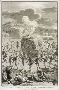 Ofiara dla Quitchi-Manitou, czyli Wielkiego Ducha, przez Kanadyjczyków, ilustracja z ceremonii religijnych i zwyczajów, rytowana przez Bernarda Picarta (1673-1733) 1723 autorstwa French School