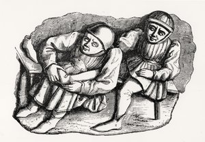 Szewc i jego klient, skopiowany z jednego ze stoisk Misericordia w chórze katedry w Rouen, ilustracja z Nauki i literatury w średniowieczu i renesansie, napisana i autorstwa French School