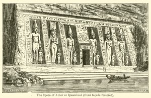 Speos of Athor w Ipsamboul, odrestaurowana fasada frontowa (grawerowanie) autorstwa French School