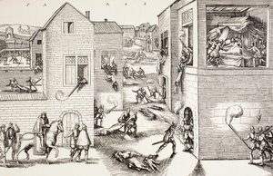 Masakra w dniu św. Bartłomieja, sierpień 1572 r., z książki „Życie wojskowe i religijne w średniowieczu” Paula Lacroix, opublikowana w Londynie ok. 1880 r. autorstwa French School