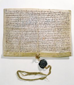 Statut Uniwersytetu Paryskiego, wydany i nadany przez kardynała Roberta de Courson, legata papieskiego, w sierpniu 1215 r. (welum i wosk) autorstwa French School
