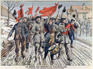 Strajk górników w Pas-de-Calais, pochód strajkujących w wiosce górniczej, z Le Petit Journal, 1 kwietnia 1906 (kolorowe grawerowanie) autorstwa French School