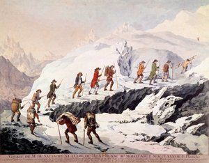 Szwajcarski przyrodnik Horace Benedict (Horace-Benedict) z Saussure (1740-1799) i francuski przewodnik górski Jacques Balmat dokonali drugiego wejścia na Mont Blanc w sierpniu 1787 roku. autorstwa French School