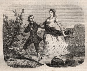 Szwajcarski filozof Jean Jacques (Jean-Jacques) Rousseau (1712-1778) pomógł Mademoiselle Galley przejść przez strumień. Rycina z 1871 roku w „Histoire Des Cocus Celebres” Henry