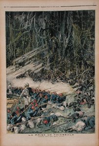 Podbicie Thiassale, bitwa w dziewiczym lesie deszczowym, ilustracja z Le Petit Journal, 26 sierpnia 1893 autorstwa French School