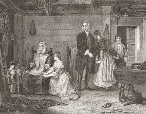 Wikariusz Wakefield godzący swoją żonę z Olivią, według obrazu Gilberta Stuarta Newtona. Z Histoire des Peintres, École Anglaise, opublikowane 1867 (litografia) autorstwa French School
