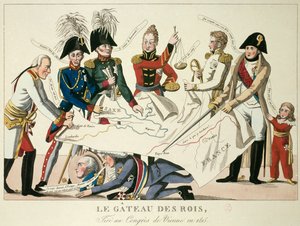 Kongres Wiedeński 22.06.1815: tort królów. Zjednoczył osiem światowych mocarstw i starał się na nowo zdefiniować granice po upadku Cesarstwa Napoleona I. Aleksandra I, cara Rosji; HR Stewart, Castlereagh; Franciszek Józef I, cesarz Au autorstwa French School