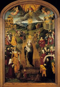 Dziewica z pszenicznym królem Ludwikiem XII (1462-1515) i papieżem Aleksandrem VI (1431-1503) są obecne. Wszechmogący Bóg trzymający Glob pobłogosławił tę scenę, podczas gdy Duch Święty chronił Dziewicę i Dzieciątko. Malarstwo na drewnie Szkoły Francuskiej autorstwa French School
