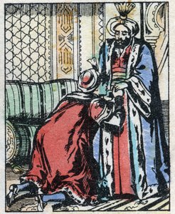 Syn wezyra wyrzeka się poślubienia córki sułtana. Grawerowanie bajki z tysiąca i jednej nocy „”Aladyn i cudowna lampa””. Obrazowanie epinal, koniec XIX wieku. Prywatna kolekcja. autorstwa French School