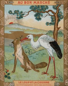 Wilk i Żuraw, jedna z bajek Ezopa (chromolitho) autorstwa French School