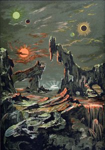 Świat czterech księżyców i czterech słońc, ilustracja z Astronomie Populaire napisana przez Camille Flammarion (1842-1925) 1881 autorstwa French School