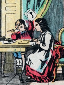 Zajęcia dla dziewczynek z dobrych rodzin: pomoc młodszemu bratu w odrabianiu lekcji - Obraz epinal - XIX wiek (grafika) autorstwa French School