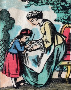 Zajęcia dla dziewcząt z dobrych rodzin: lekcja czytania - Obraz epinal - XIX w. (rycina) autorstwa French School