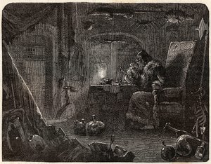 Alchemik, który obiecał zrobić złoto, pracuje w swoim laboratorium: Alchemik w XVII wieku - w „Paris a travers les cules” Nicolasa Julesa Henri Gourdona de Kennouillaca (1826-1898) autorstwa French School