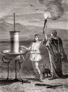 Starożytny grecki system semaforów hydraulicznych używany przez Eneasza do wysłania wiadomości z IV wieku p.n.e. z Les Merveilles de la Science, opublikowany ok. 1870 r. (rycina) autorstwa French School