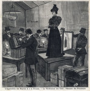 Zastosowanie promieni rentgenowskich (rentgenowskich) ma celne: weryfikacja paczek i badanie oszustów. W „”Le Peute Parisien”” w dniu 11.07.1897. Prywatna kolekcja autorstwa French School