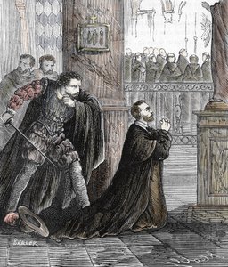 Zabójstwo inkwizytora Pedro de Arbues (1441-1485) w dniu 17.09.1485 w katedrze w Saragossie w Hiszpanii (Urzędnik hiszpańskiej inkwizycji Pedro de Arbues zamordowany w katedrze La Seo w Saragossie w 1485 r. konwersacje autorstwa French School