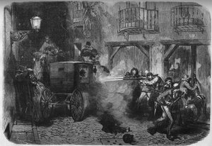 Zabójstwo Juana Prim y Pratsa (1814-1870), hiszpańskiego generała i polityka, podczas jego wyjścia z Cortes, na ulicy del Turco w Madrycie w dniu 28 grudnia 1870 r. Grawer „” Le Monde Illustré” nr 724 z 25 lutego 1871 r. autorstwa French School