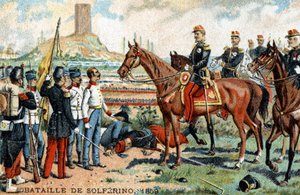 Bitwa pod Solferino (Włochy) między armią francusko-sardyńską (zwycięzcy) i austriacką (pokonani) w 1859 r. Chromolitografia z XIX wieku. autorstwa French School