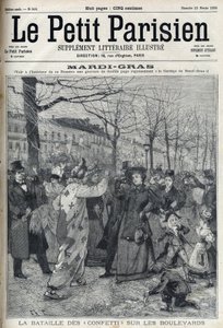 Bitwa konfetti na paryskim bulwarze podczas Mardi Gras (Mardi-Gras). Grawer w „Le petit Parisien”” autorstwa French School