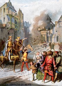 Gmina Reims (1160) - Odwet Ludwika VII w celu zniszczenia swobód komunalnych burżuazji Reims. Chromolitografia z cyklu „Wychowanie patriotyczne przez obraz”. autorstwa French School