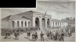 Tłum przed kostnicą w Paryżu w 1886 roku. autorstwa French School