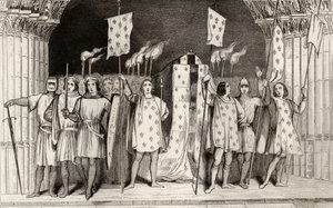 Martwe niemowlę Jean I (1316) pośmiertnie ogłosił królem na swoim pogrzebie, z „Histoire de France” Colarta, wydanej ok. 1840 r. autorstwa French School